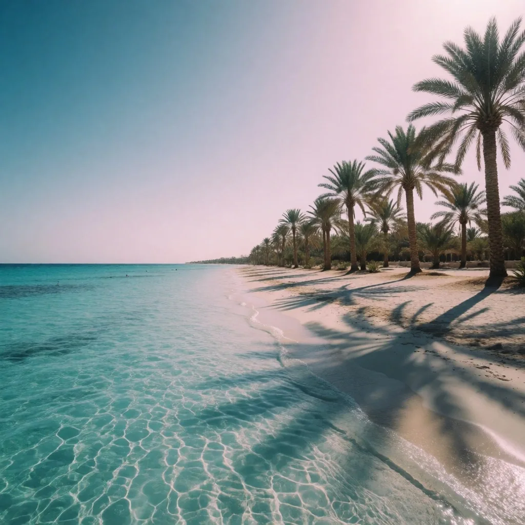 Egyptian Red Sea coastline with palm trees