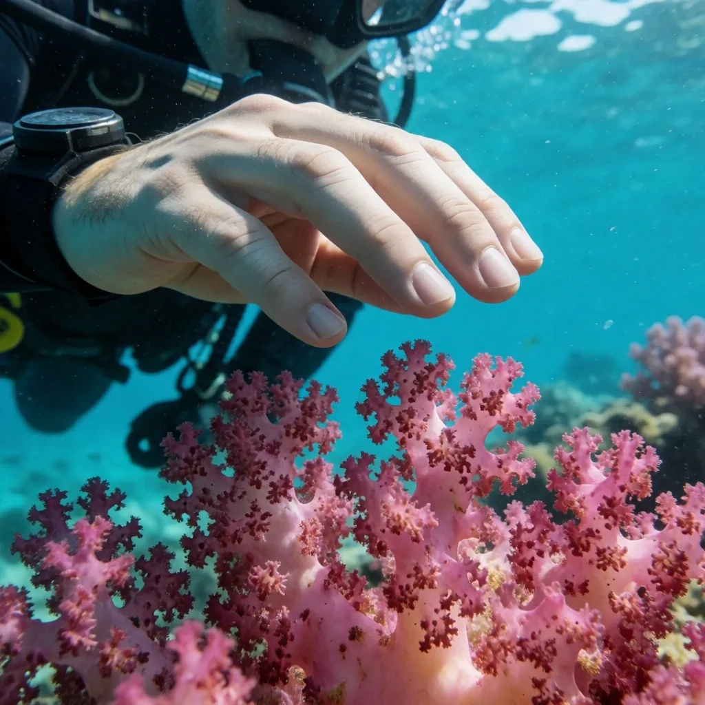 A diver carefully observing coral without touching it