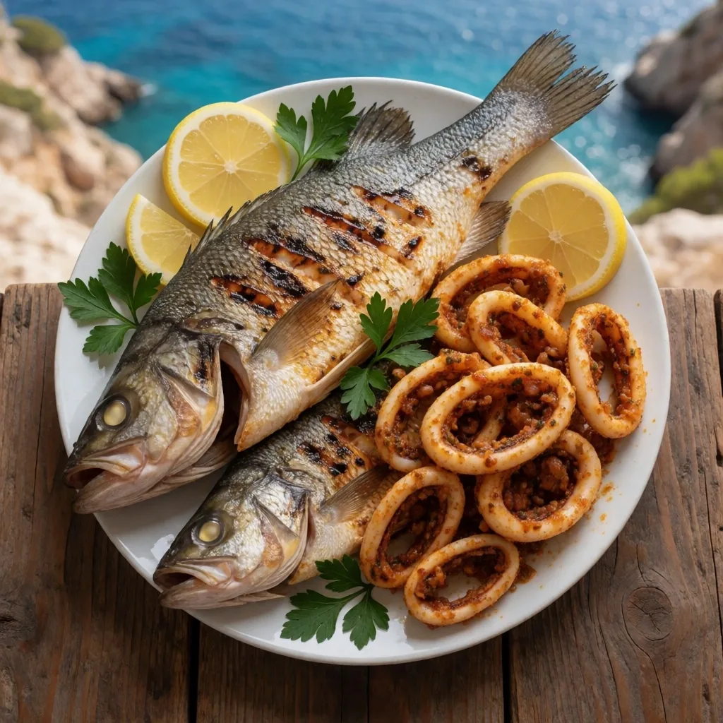 Grilled sea bass and calamari at a seaside Egyptian restaurant