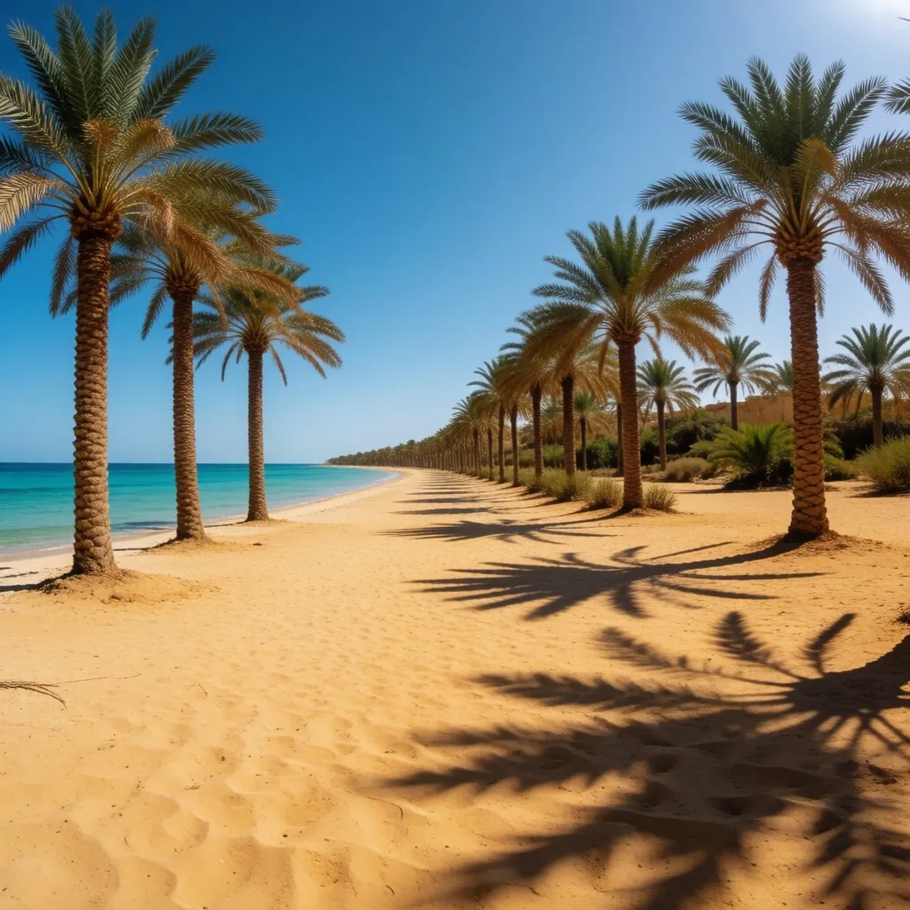 Palm-lined beach along the Red Sea coast of Egypt under high-noon sun