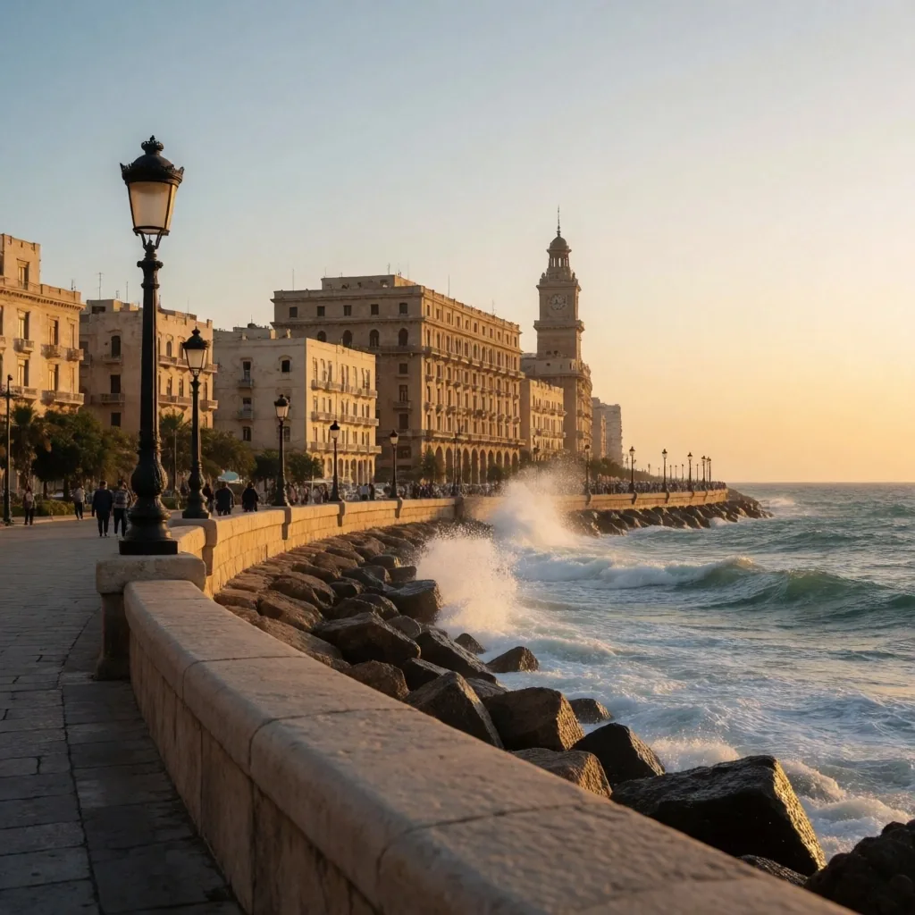 The Alexandria corniche waterfront promenade along the Mediterranean