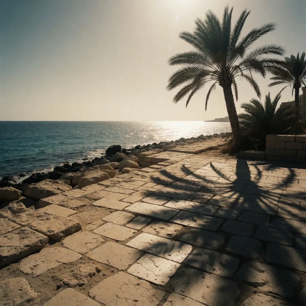 Red Sea coastline with palm shadows at midday