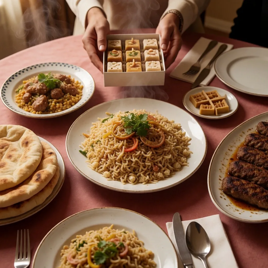 Egyptian dining and hospitality scene with shared dishes