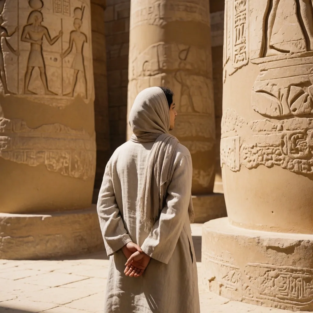 Traveller respecting ancient Egyptian heritage site