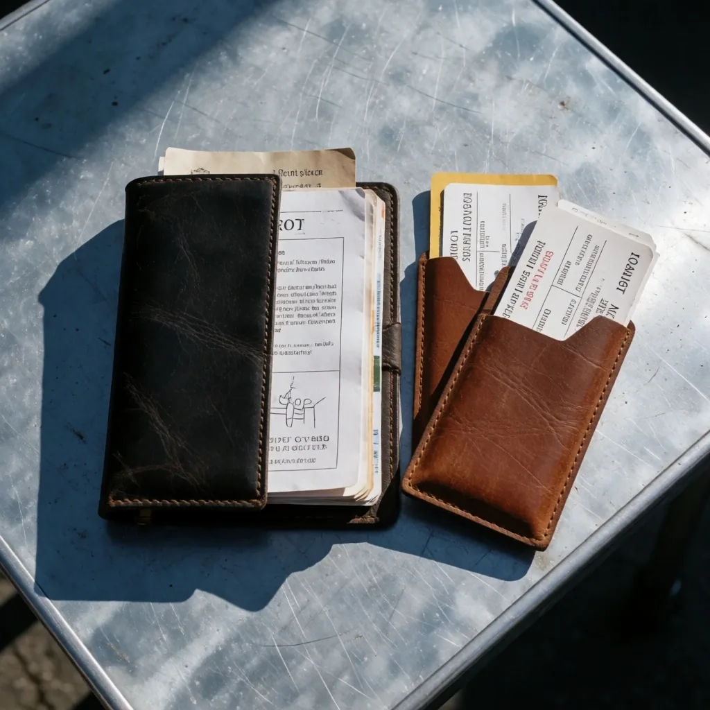 Passport and travel documents on a steel surface