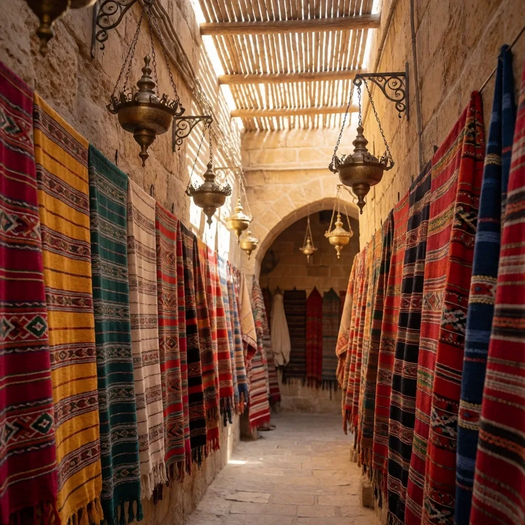 Covered Egyptian market alley with hanging textiles and warm light
