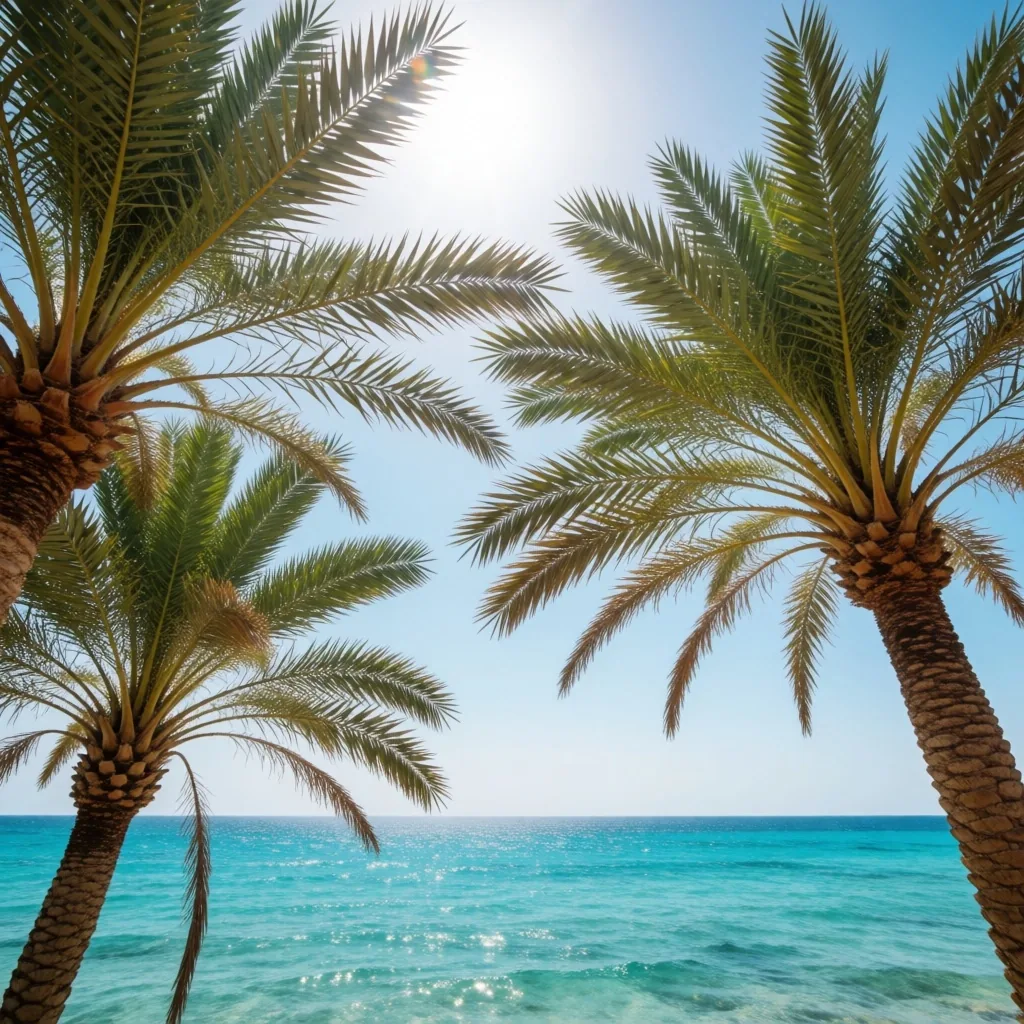 Date palm trees against turquoise sea under bright sun