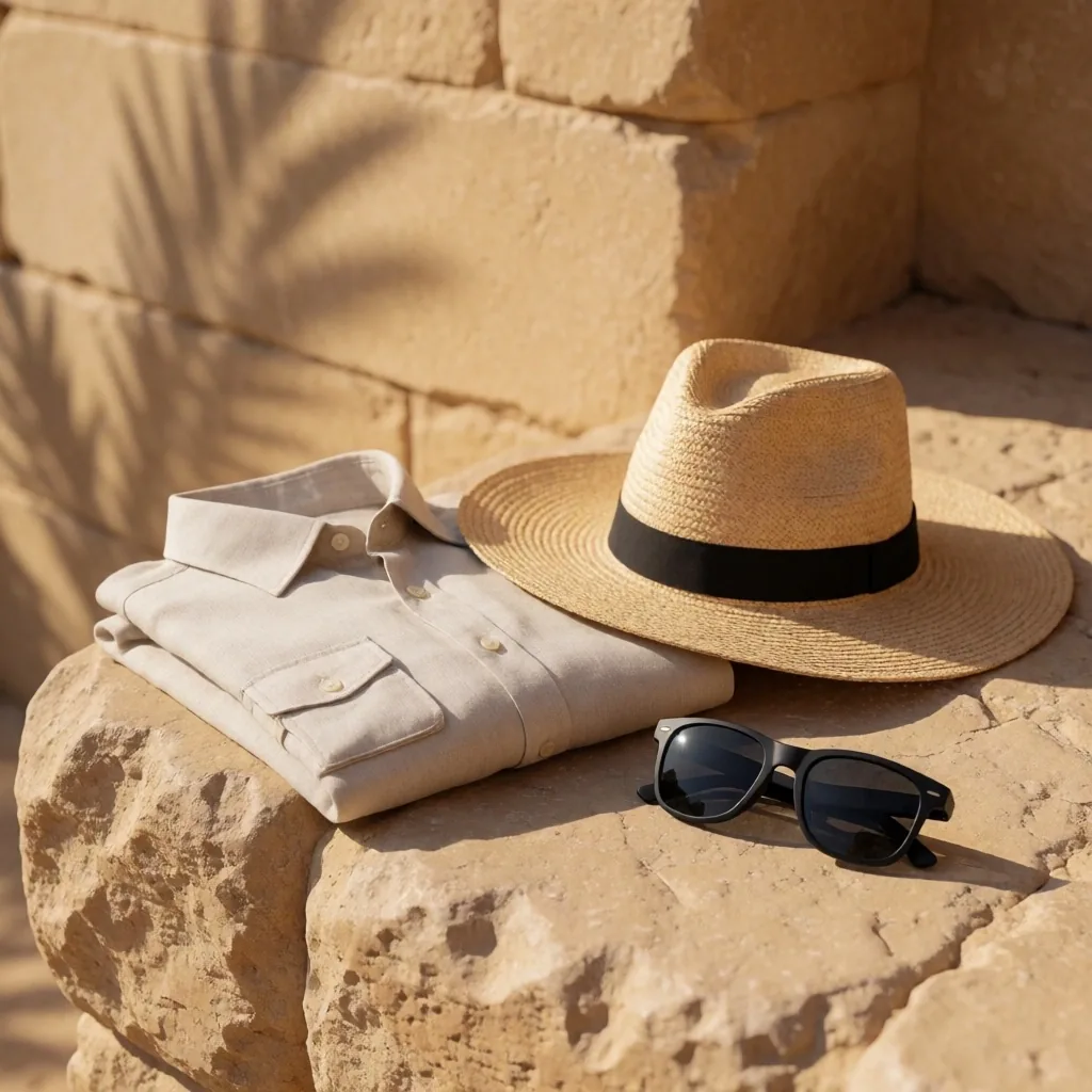Packed linen clothing and sun protection on stone in warm desert light
