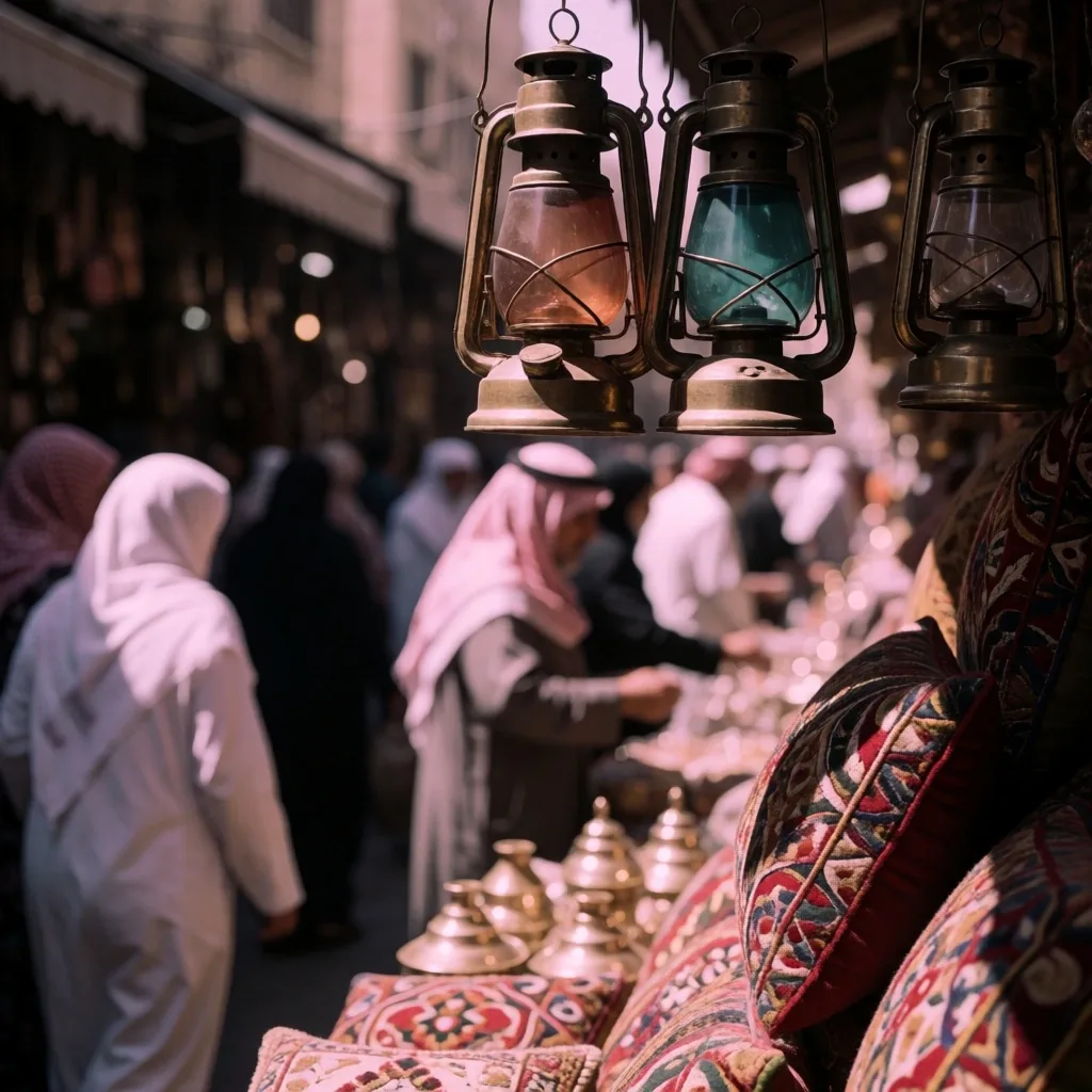 Narrow Egyptian souk alley with spices and textiles