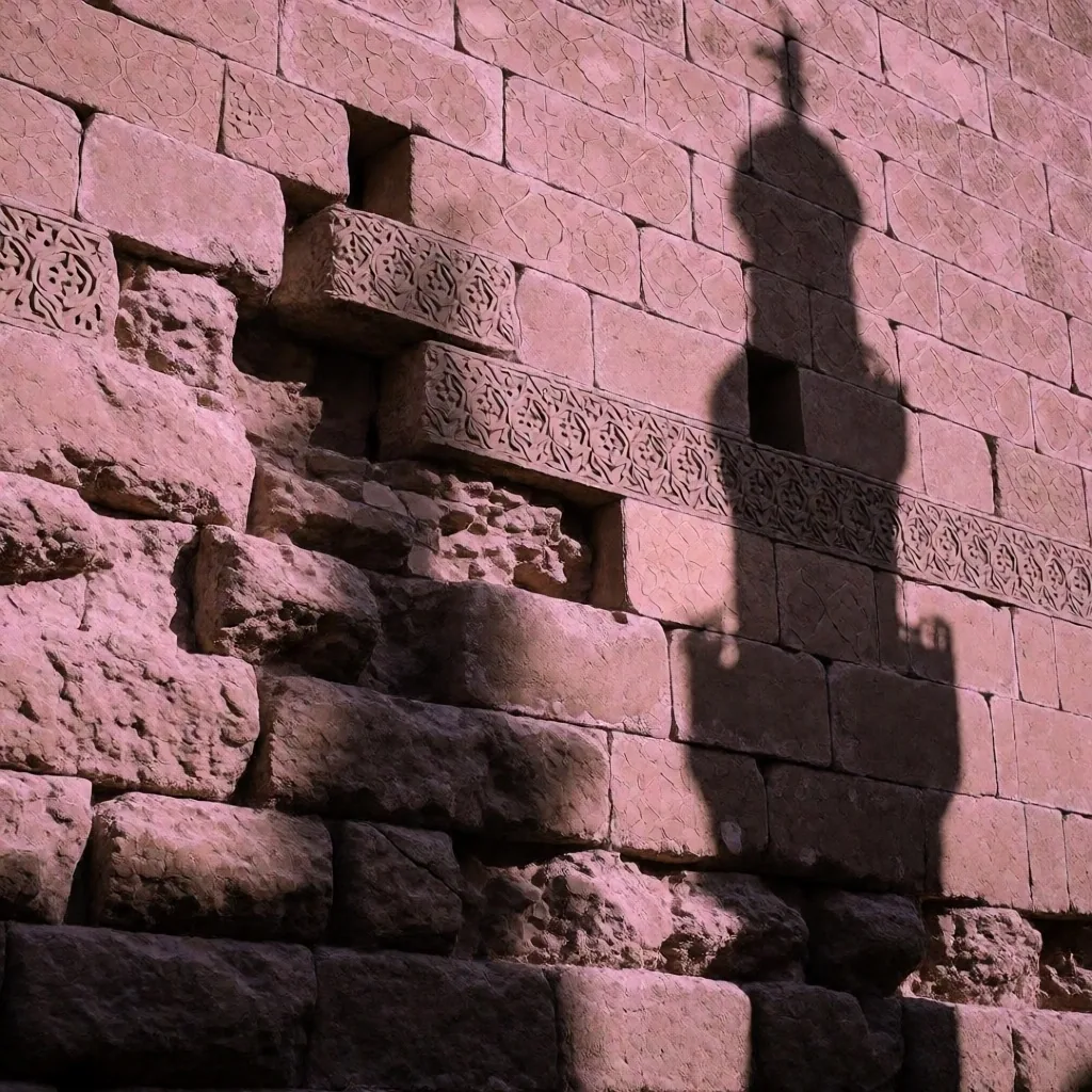 Old Cairo stone wall with carved details and angular shadows