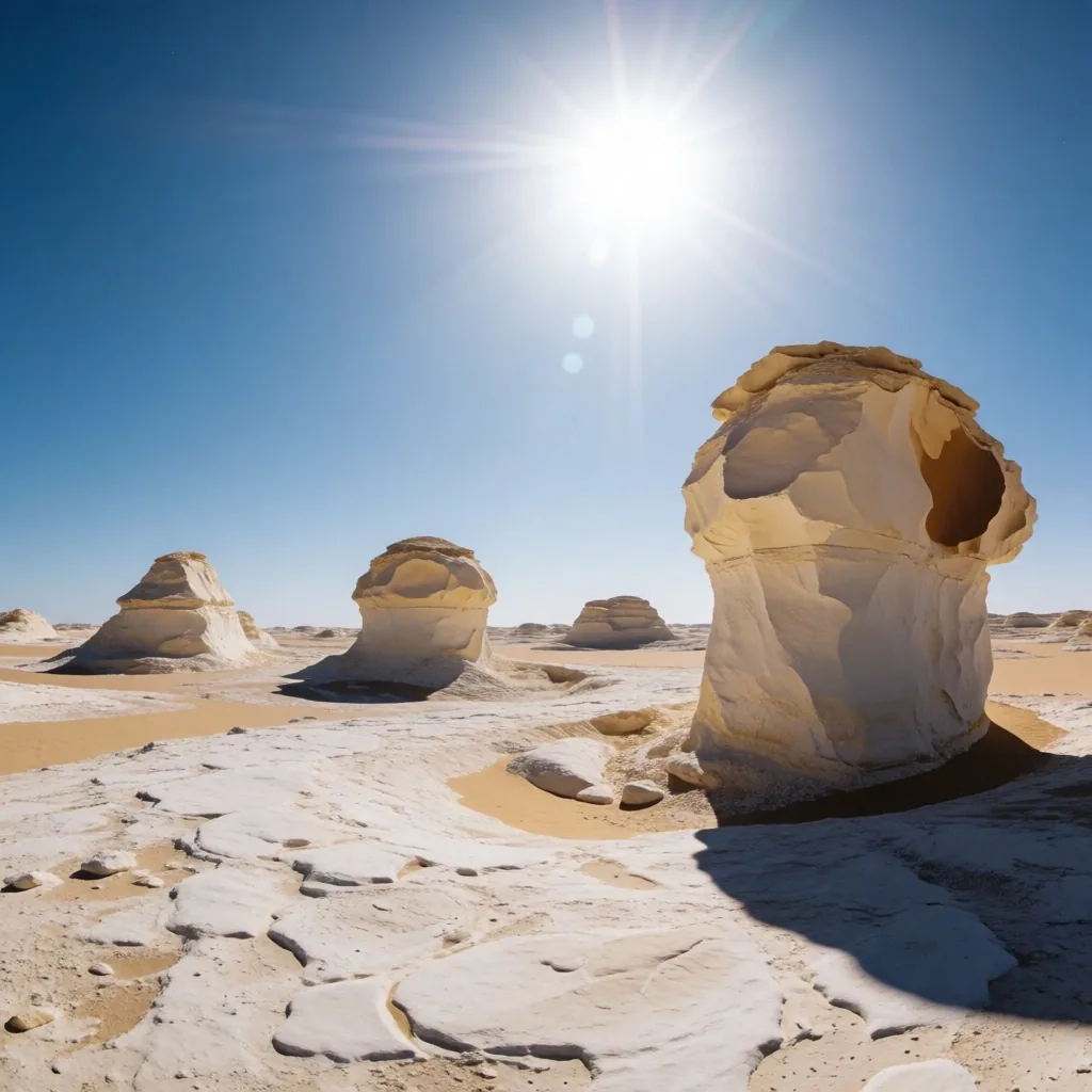 White Desert chalk formations under bright sunlight
