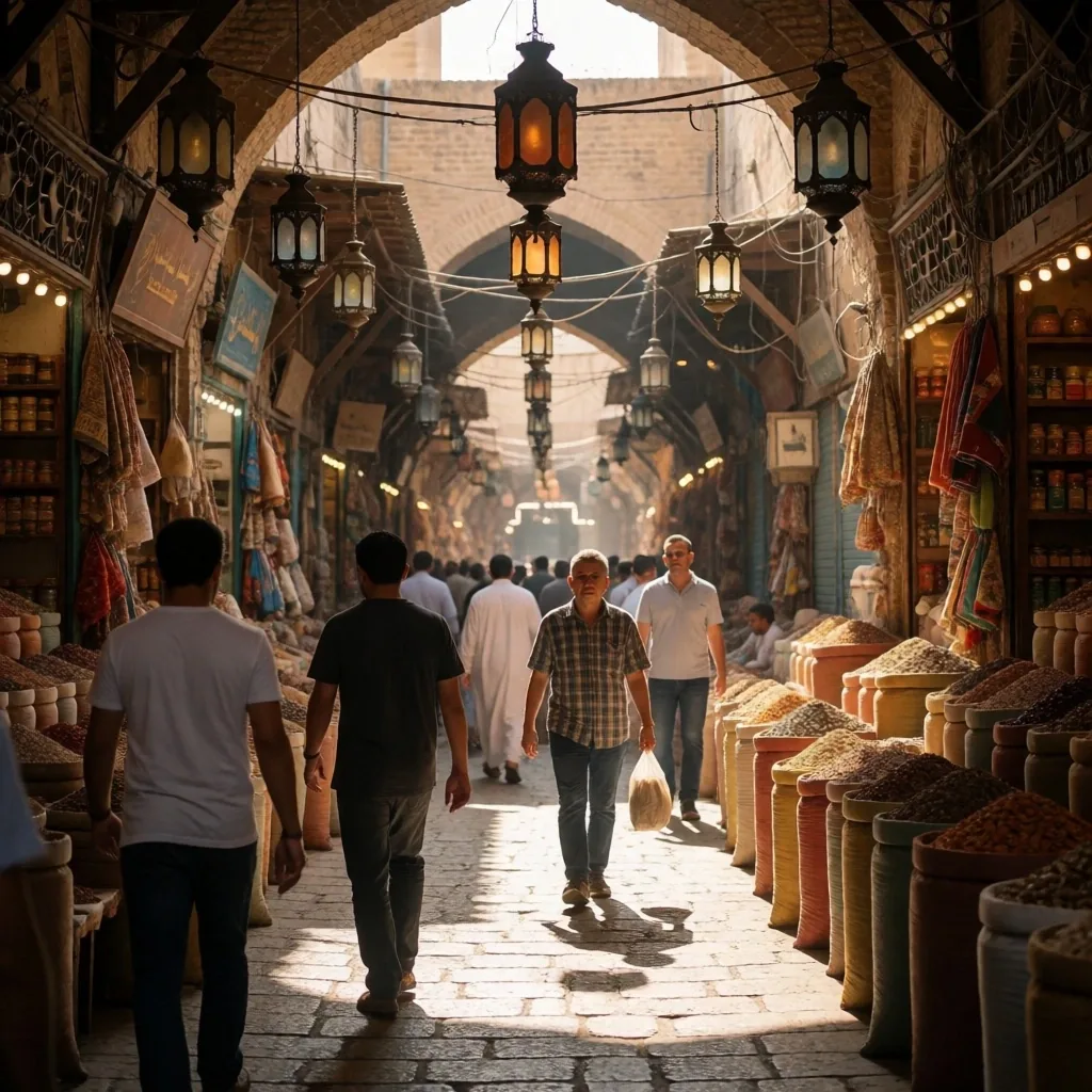 A busy market street in Egypt with locals and visitors
