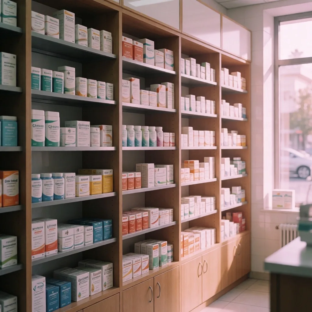 An Egyptian pharmacy interior with shelves of medicine