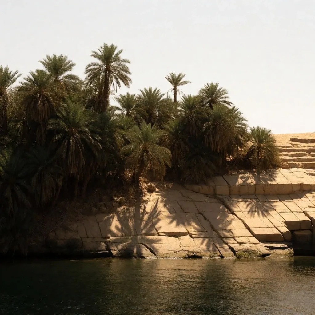Date palms casting sharp shadows at noon over a coastal landscape in Egypt