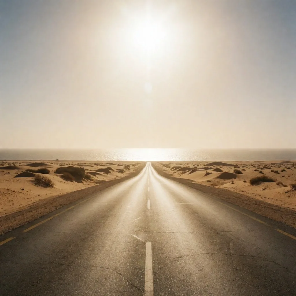 Empty desert road under intense summer sun with heat haze on the horizon in Upper Egypt