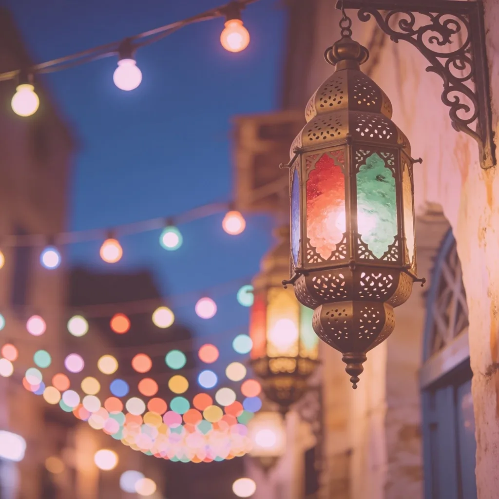 Festive lanterns and string lights illuminating an Egyptian street at dusk