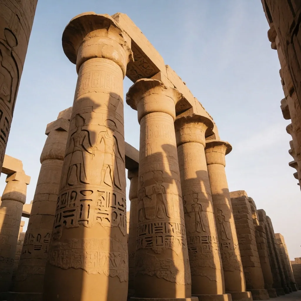 Low winter sun casting sharp shadows across sandstone temple columns in Upper Egypt