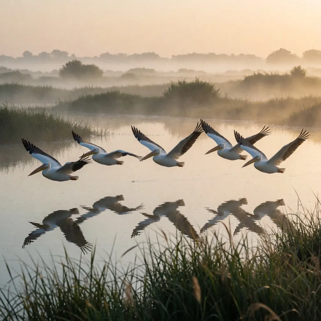 Migratory birds flying over a wetland at the Nile Delta in Egypt
