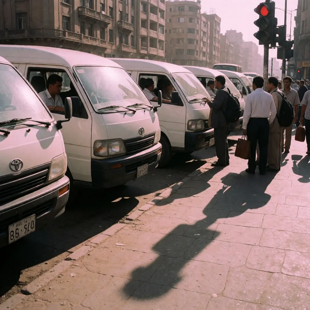 Microbuses at a street stand in Egypt