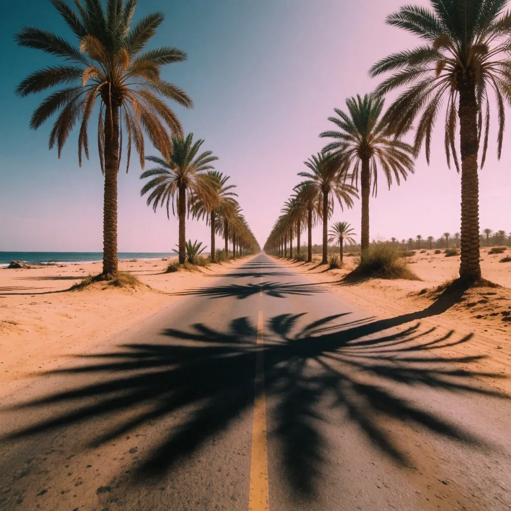 Palm-lined coastal road in Egypt at midday